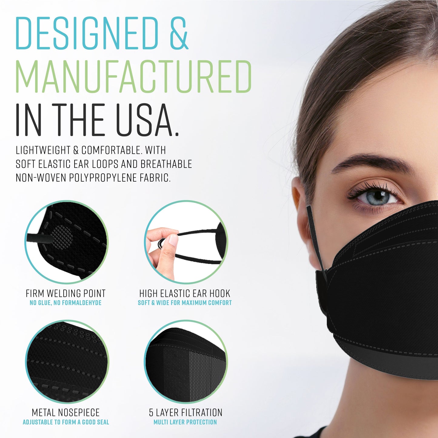 Breatheze by Sanctuary KN95 Face Masks Made in USA - 3D Style - Black 200-pack