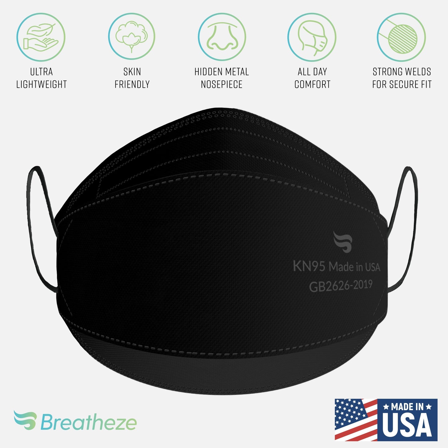 Breatheze by Sanctuary KN95 Face Masks Made in USA - 3D Style - Black 1000-pack