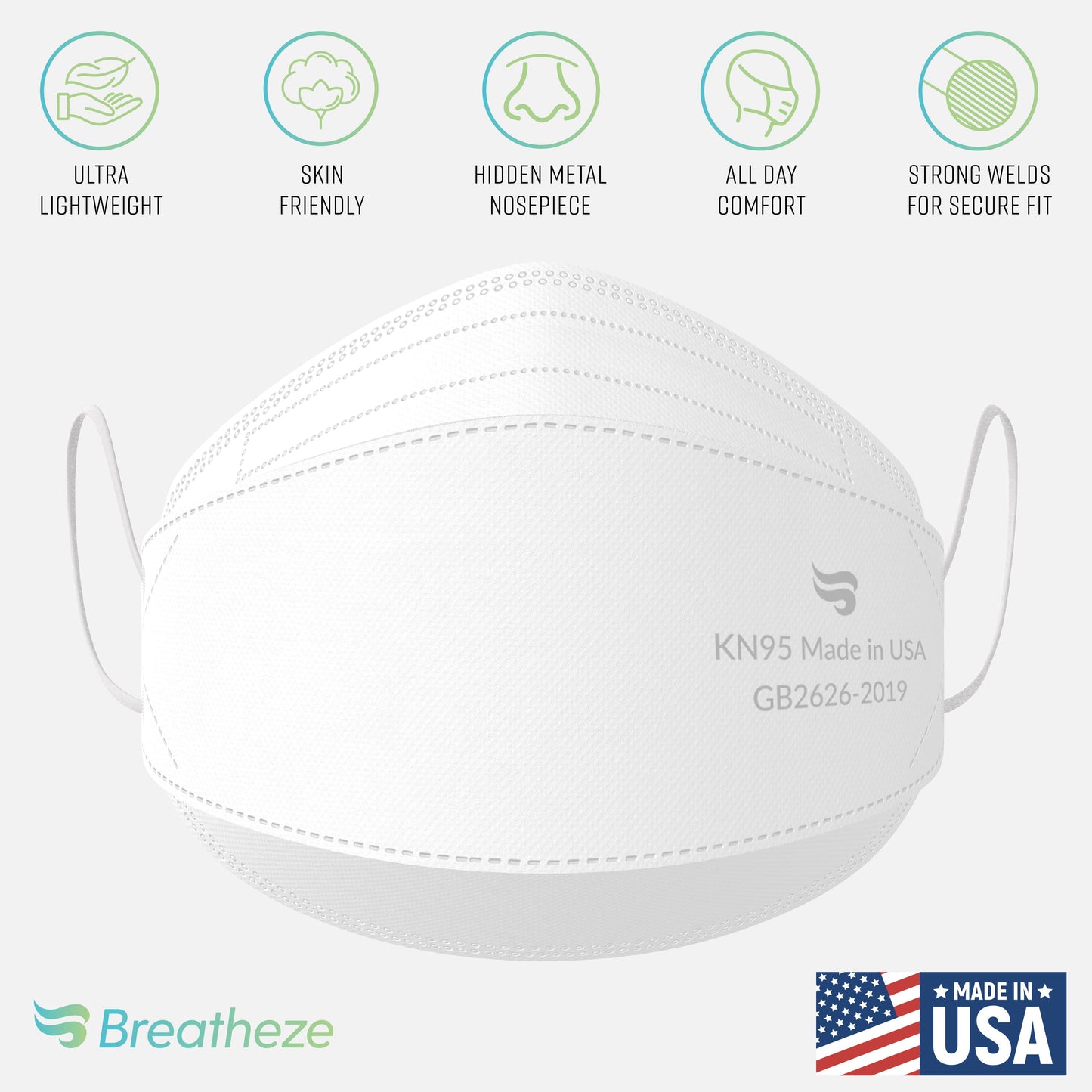 Breatheze by Sanctuary KN95 Face Masks Made in USA - 3D Style - White 50-pack